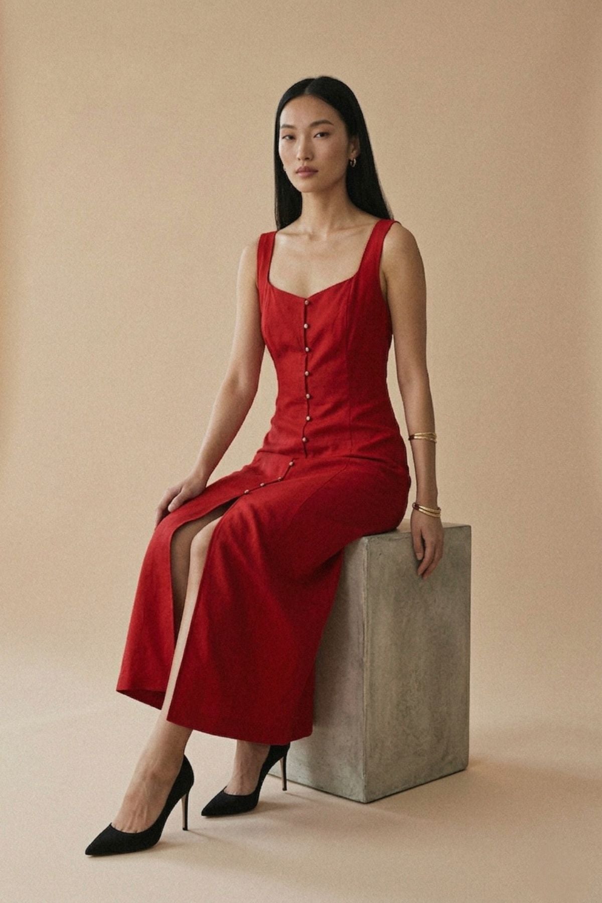SOLENE Linen Button-Front Maxi Dress (Red)