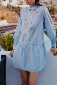 TAM Embroidered Drop-Waist Shirt Dress (Light Blue)