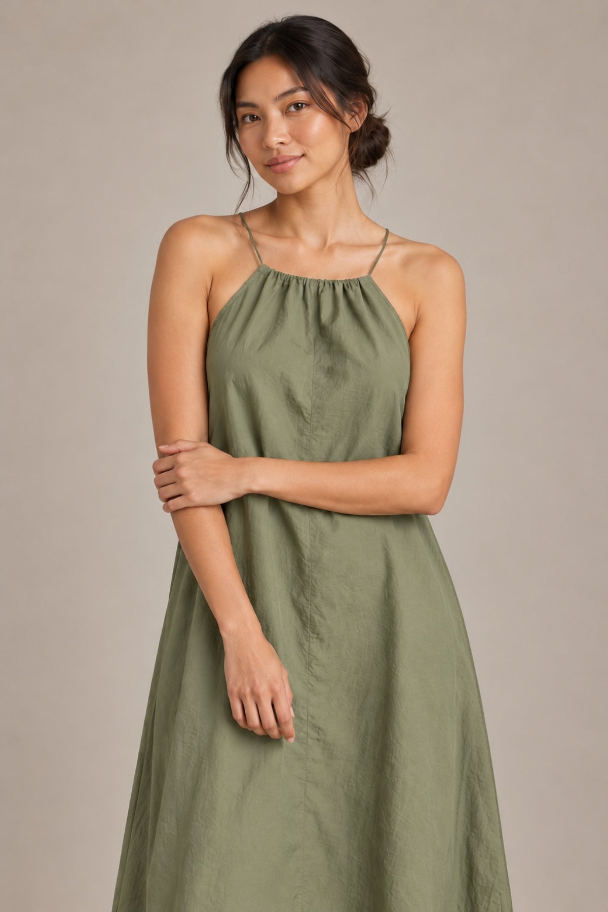 RAELYNN Halter Midi Parachute Dress W/ Toggle Drawstring Back & Hem (Moss Green)