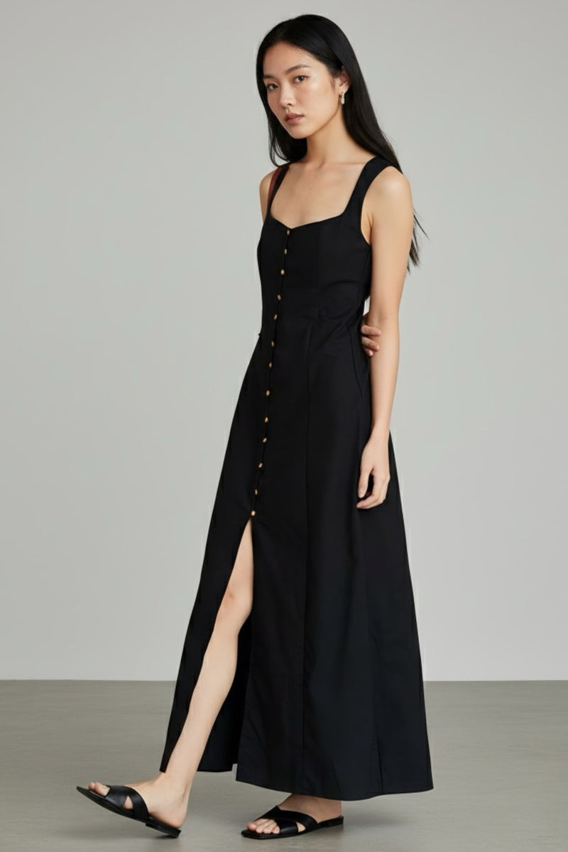 SOLENE Linen Button-Front Midi Dress (Black)