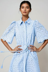 ODETTE Broderie Eyelet Midi Dress with Rope Tie (Powder Blue)