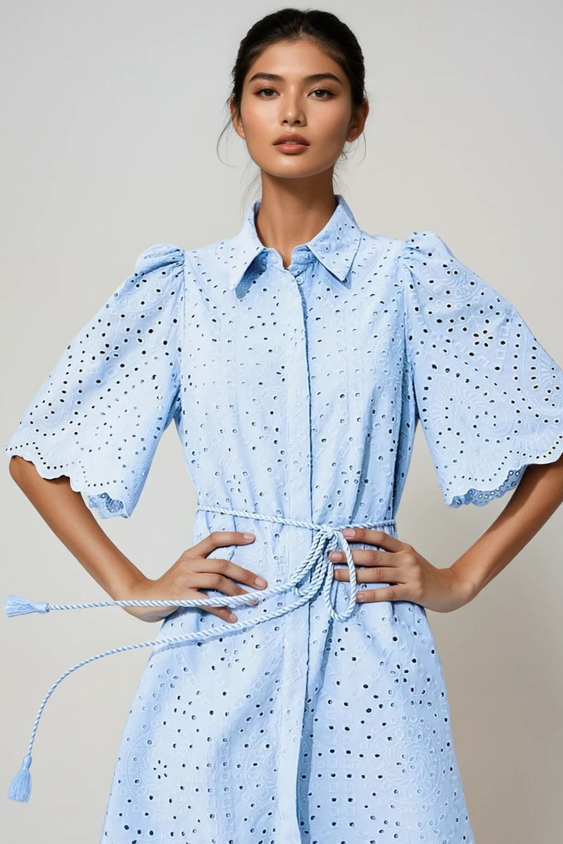 ODETTE Broderie Eyelet Midi Dress with Rope Tie (Powder Blue)