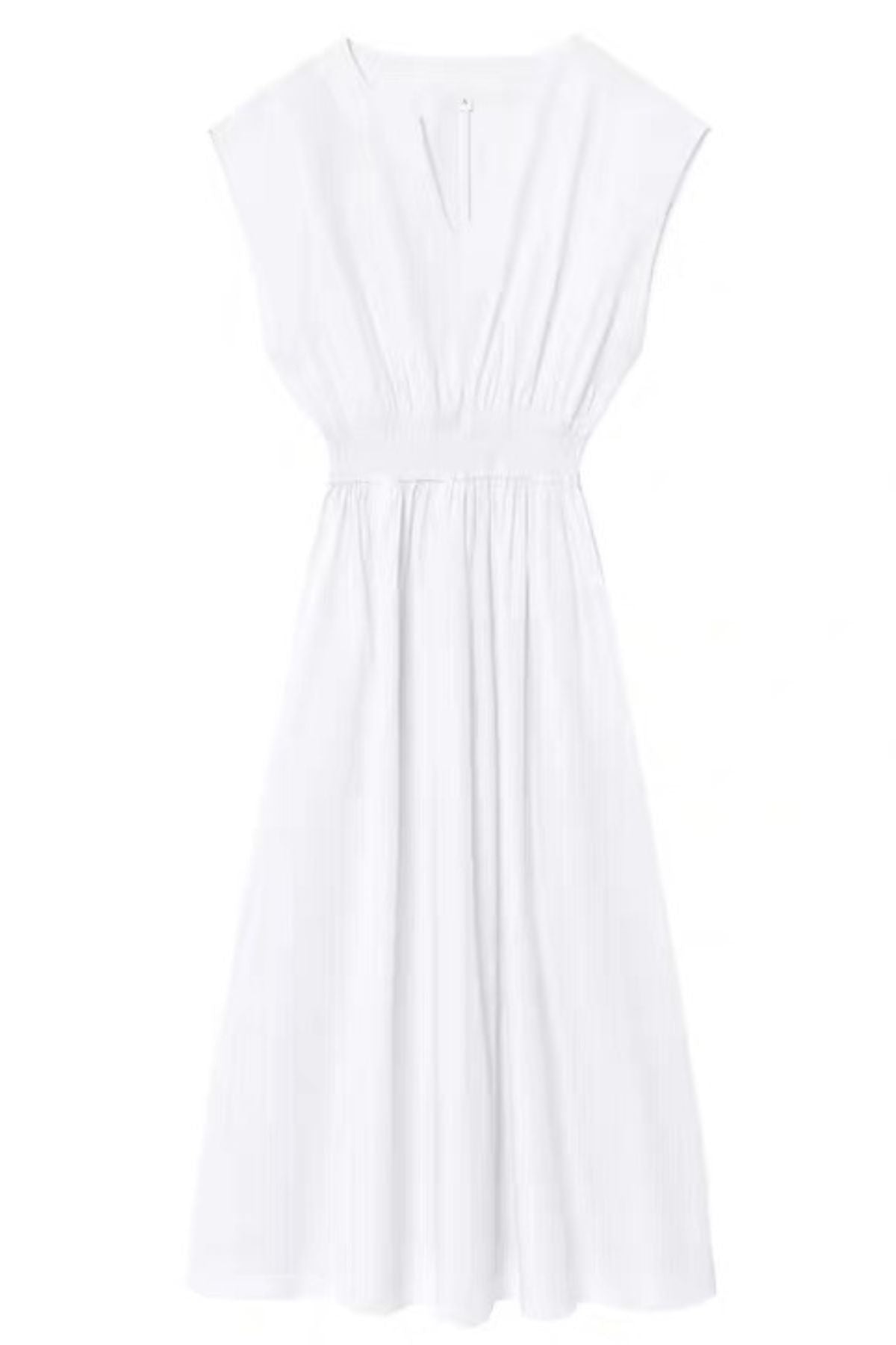 CELINE Smocked Waist Cotton Midi Dress with Pockets (White)