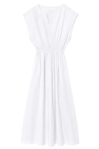 CELINE Smocked Waist Cotton Midi Dress with Pockets (White)