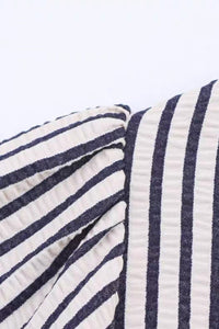 FINLEY V-neck Ribbon-Tie Puff Sleeve Top (Navy Stripes)