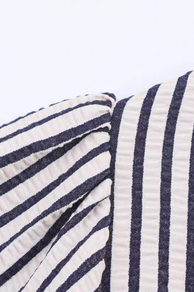 FINLEY V-neck Ribbon-Tie Puff Sleeve Top (Navy Stripes)