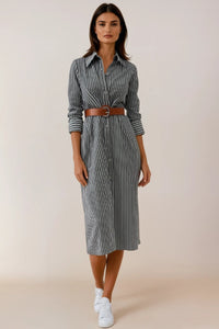 SKYLAR Striped Button-Down Dress W/ Belt (Deep Gray)