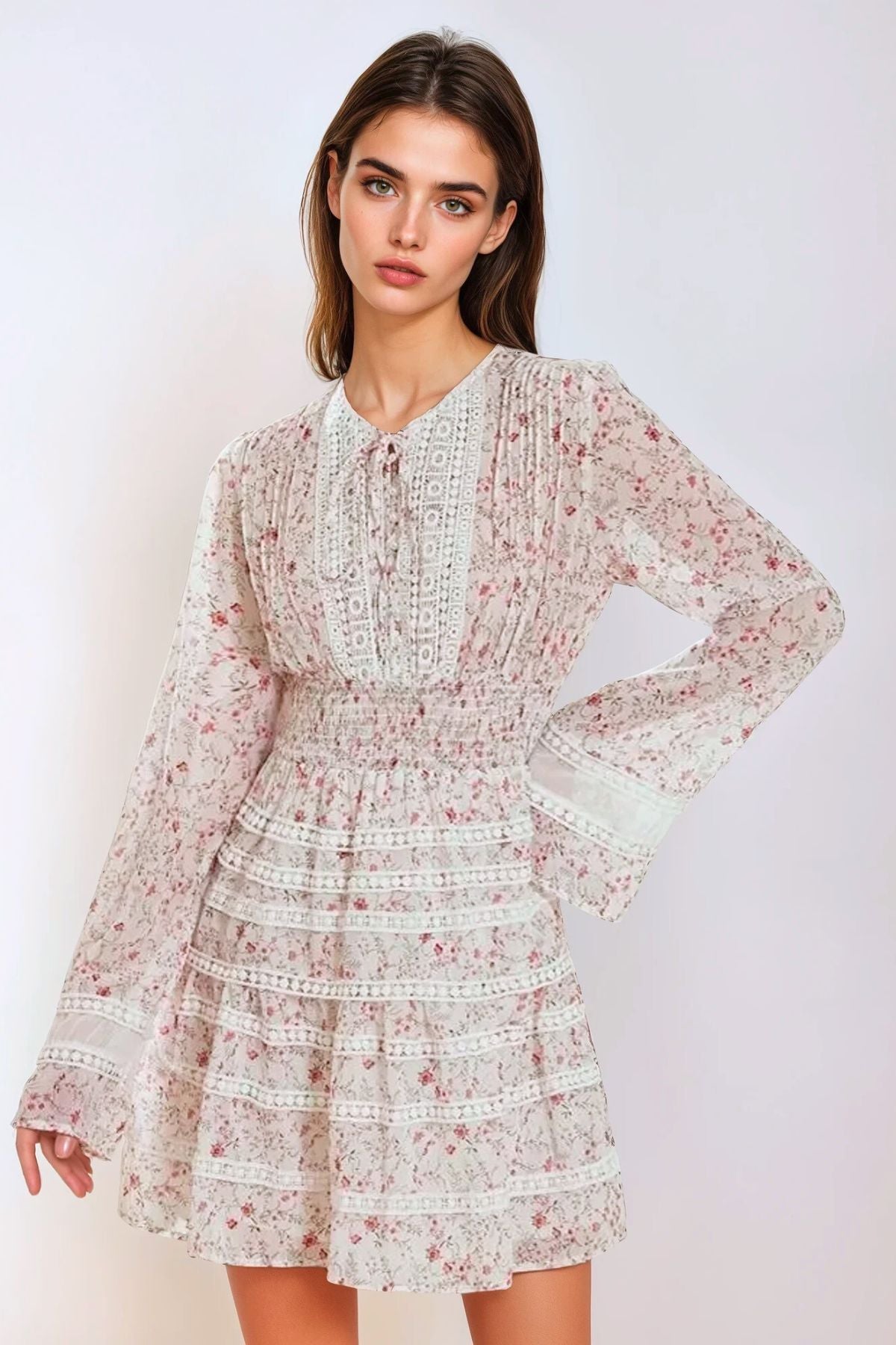 FIORA Floral Chiffon Lace-Trim Mini Dress