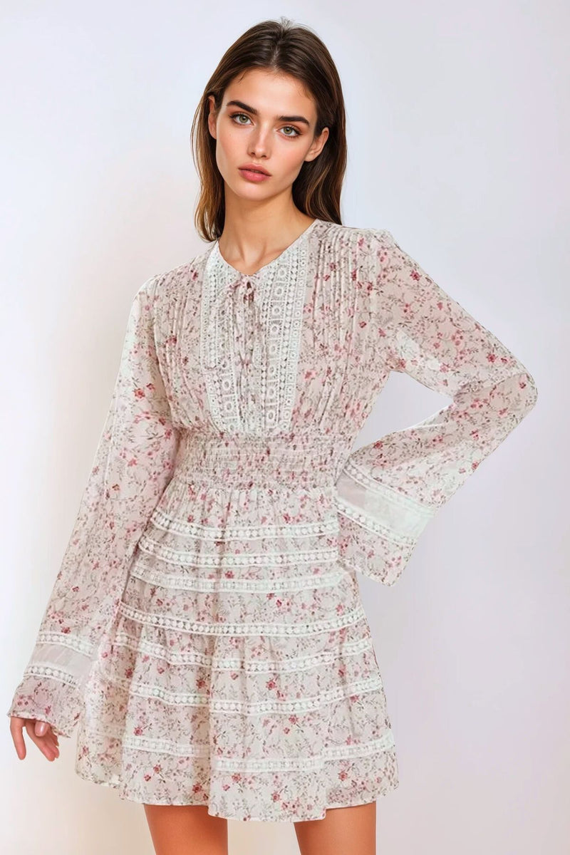 FIORA Floral Chiffon Lace-Trim Mini Dress