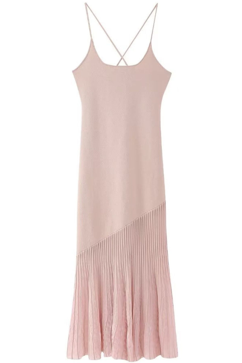 NICOLE Cross-Strap Knit Pleated Midi Dress (Blush Pink)