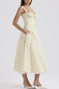 REBECCA Floral Bustier Midi Dress w/ Lace Hem (Yellow)