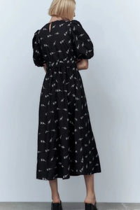 ADDISON Puff-Sleeve Embroidered Poplin Midi Dress (Black)