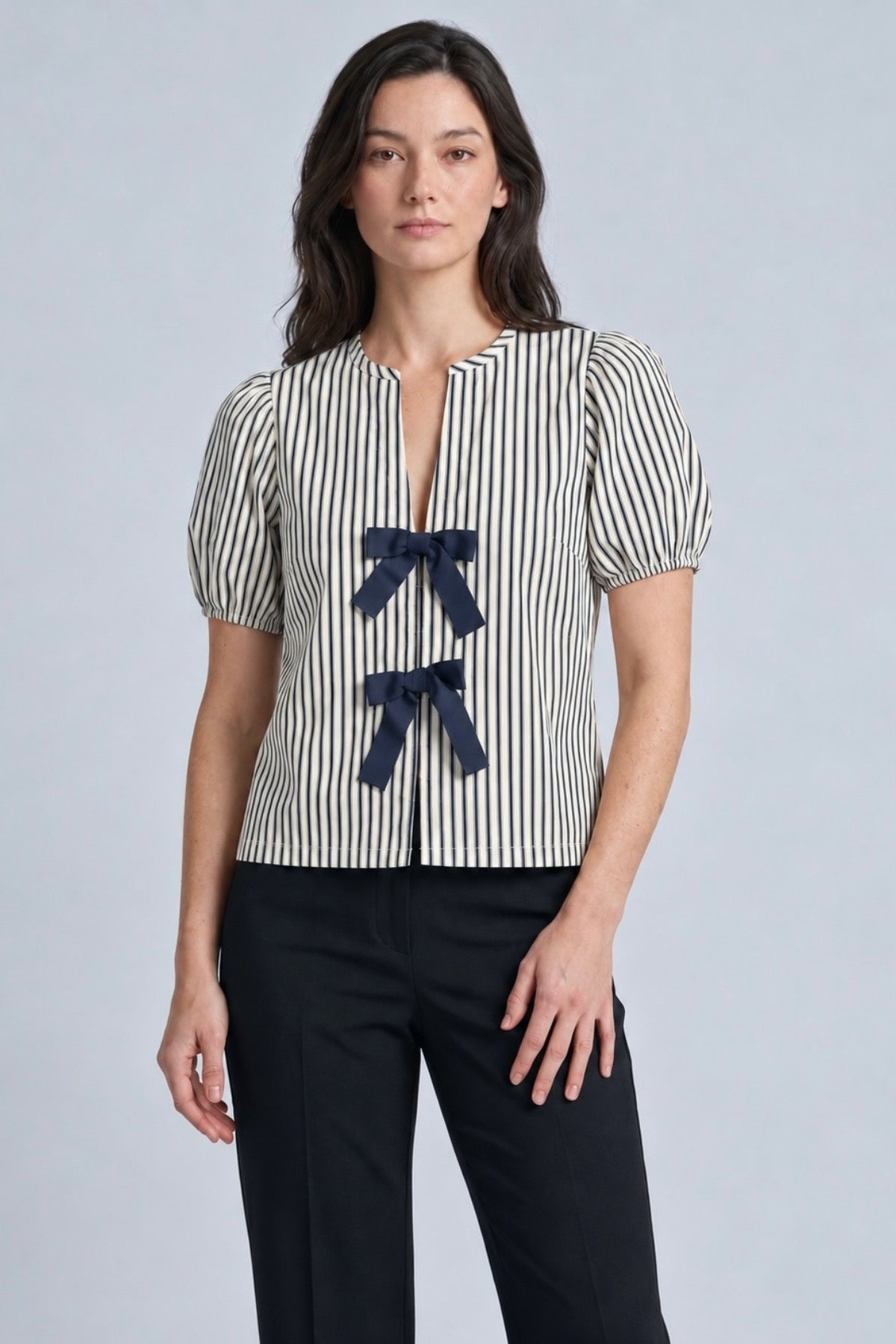 FINLEY V-neck Ribbon-Tie Puff Sleeve Top (Navy Stripes)