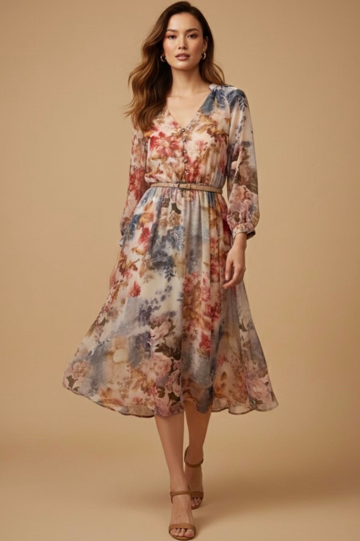 AURELIA Watercolor Floral Chiffon Belted Midi Dress