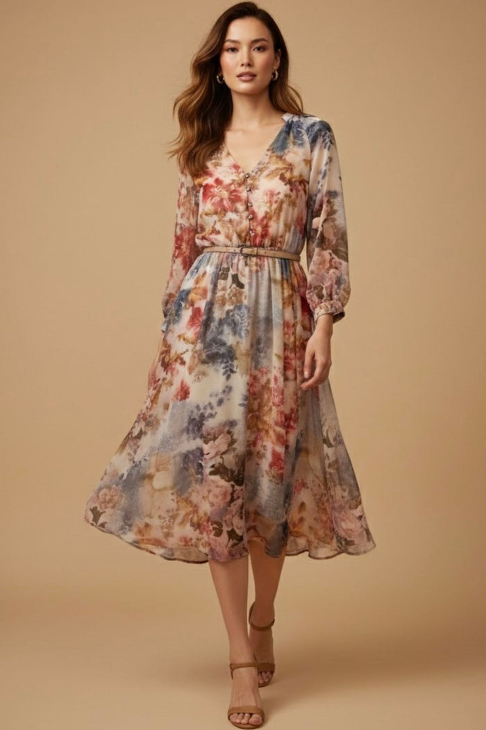 AURELIA Watercolor Floral Chiffon Belted Midi Dress