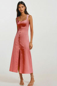 SOLENE Linen Button-Front Midi Dress (Coral Pink)