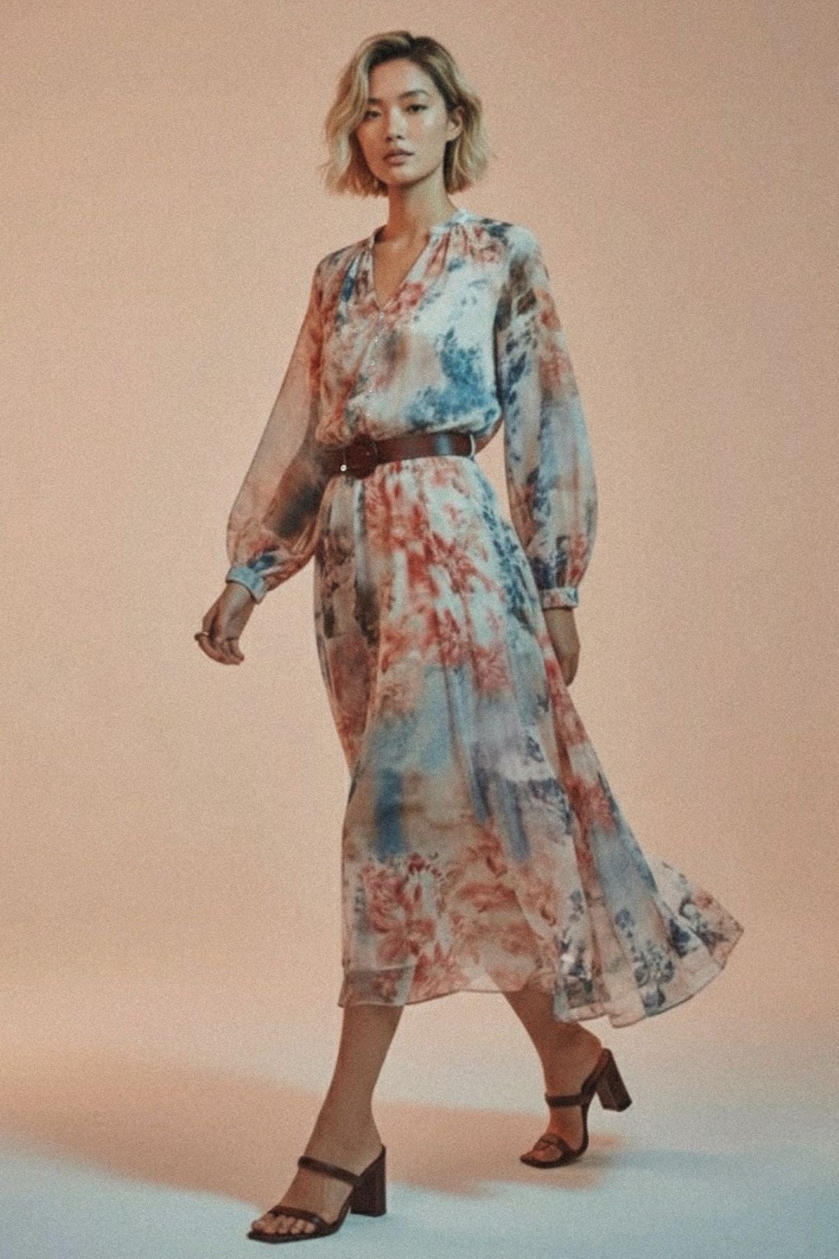 AURELIA Watercolor Floral Chiffon Belted Midi Dress