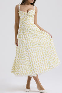 REBECCA Floral Bustier Midi Dress w/ Lace Hem (Yellow)