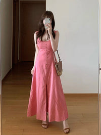 SOLENE Linen Button-Front Midi Dress (Coral Pink)