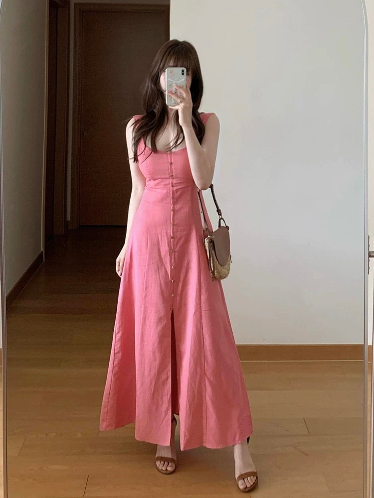 SOLENE Linen Button-Front Midi Dress (Coral Pink)