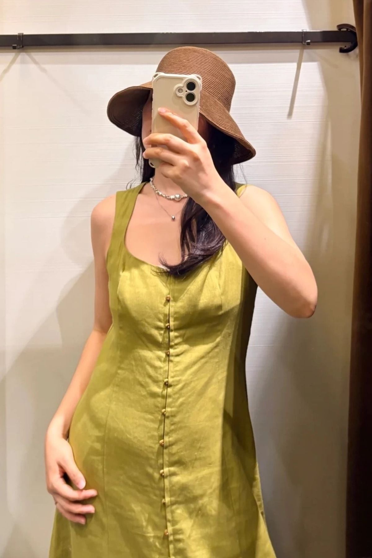 SOLENE Linen Button-Front Midi Dress (Olive Green)