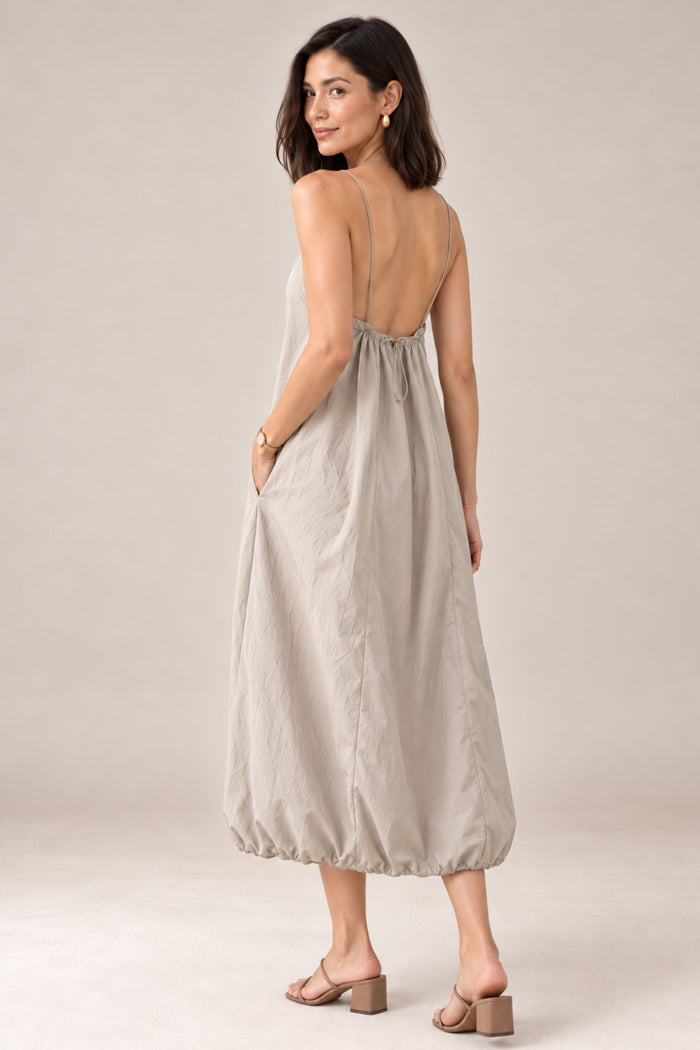 RAELYNN Halter Midi Parachute Dress W/ Toggle Drawstring Back & Hem (Stone Beige)