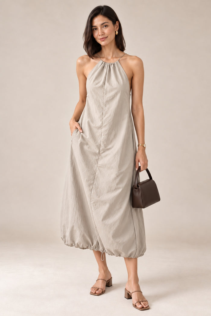 RAELYNN Halter Midi Parachute Dress W/ Toggle Drawstring Back & Hem (Stone Beige)