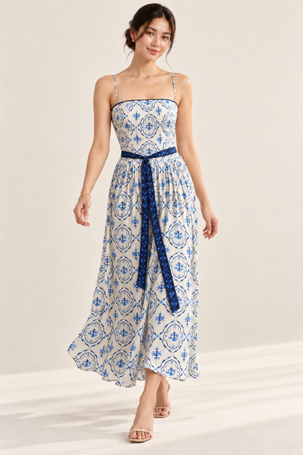ISADORA Blue Floral Print Maxi Dress with Detachable Sash