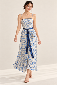 ISADORA Blue Floral Print Maxi Dress with Detachable Sash
