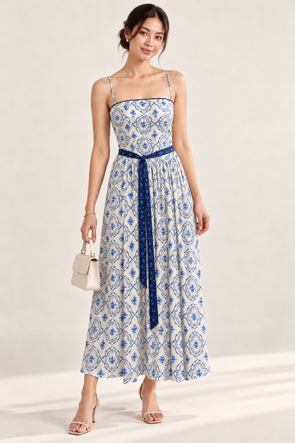 ISADORA Blue Floral Print Maxi Dress with Detachable Sash