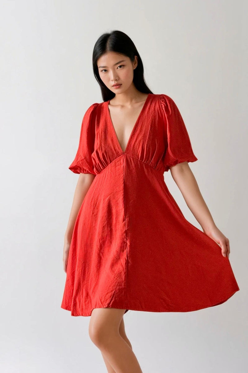 ADRIANA V-Neck Puff-Sleeve Mini Dress (Flame Red)