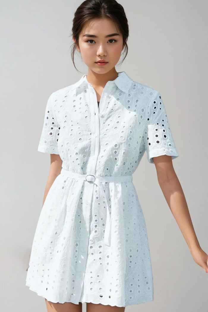 ELISA Button-Down Eyelet Mini Dress (White)