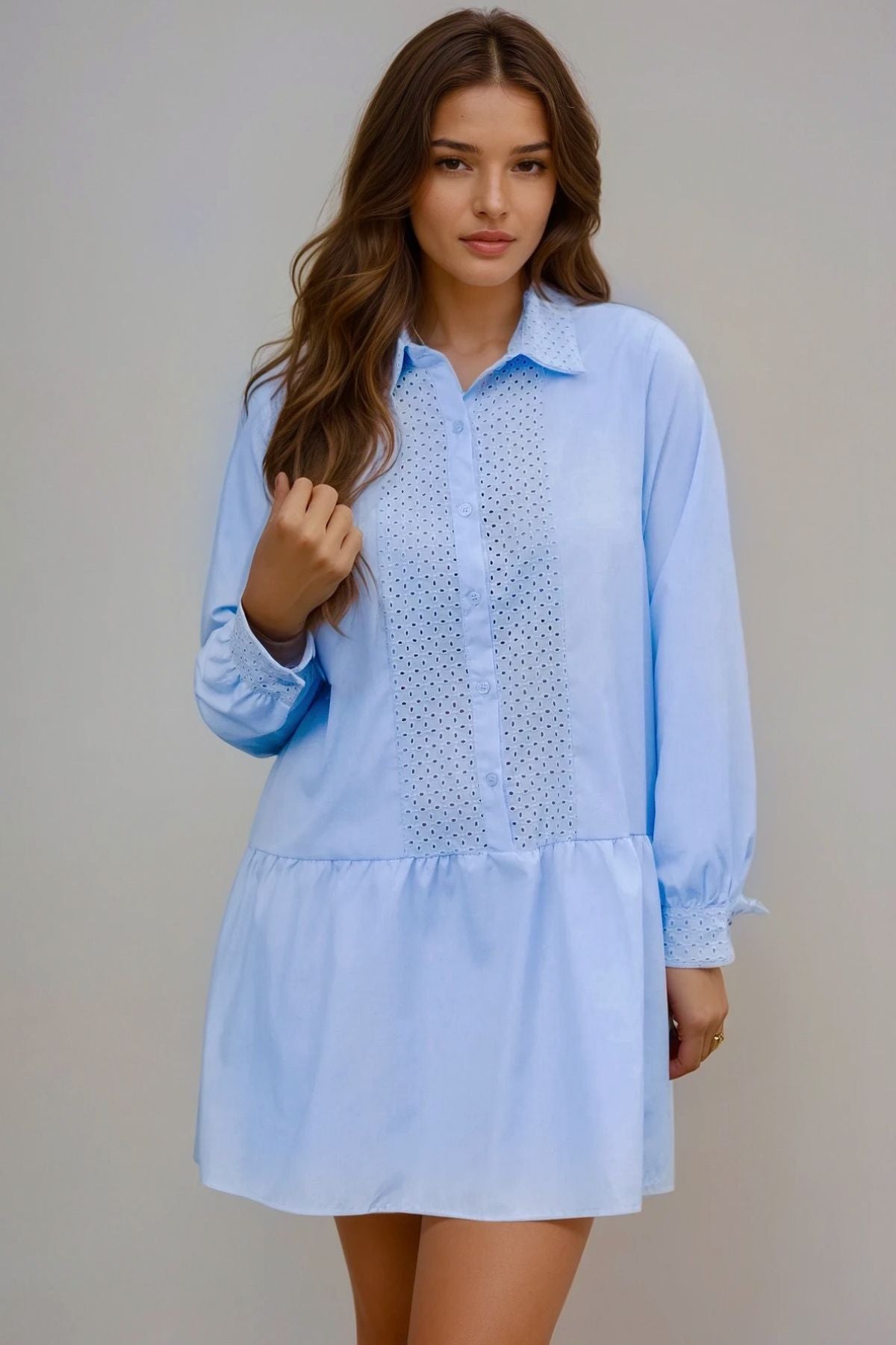 TAM Embroidered Drop-Waist Shirt Dress (Light Blue)