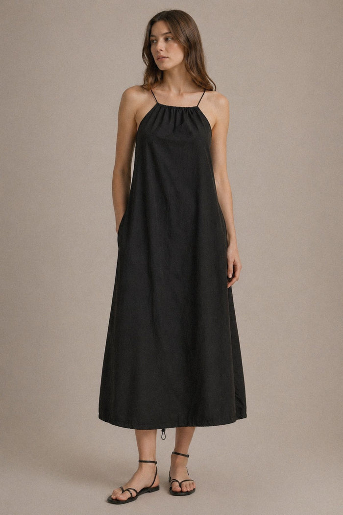 RAELYNN Halter Midi Parachute Dress W/ Toggle Drawstring Back & Hem (Black)