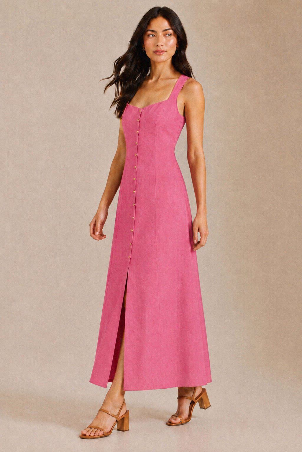 SOLENE Linen Button-Front Maxi Dress (Coral Pink)