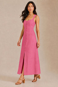 SOLENE Linen Button-Front Maxi Dress (Coral Pink)