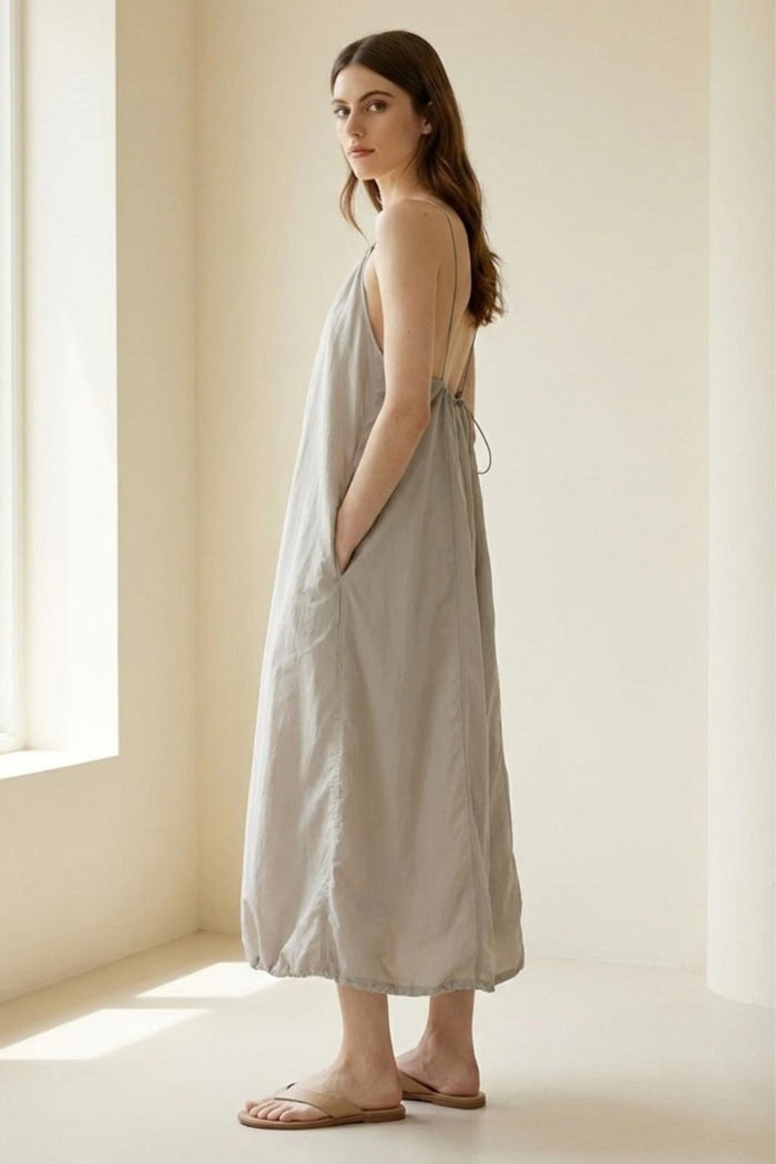 RAELYNN Halter Midi Parachute Dress W/ Toggle Drawstring Back & Hem (Stone Beige)