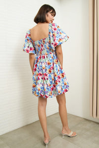 ANYA Pleated Puff-Sleeve Floral Dress (Blue Violet)