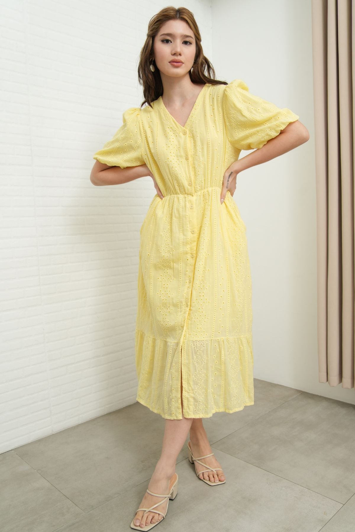 JURIA Puff-Sleeve Button-Down Broderie Dress (Pastel Yellow)