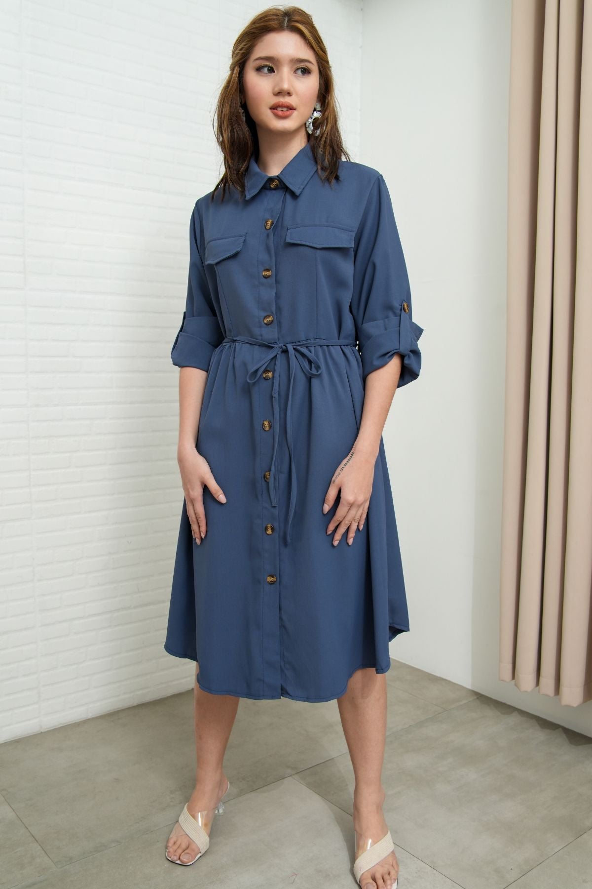 ZOYA Long-Sleeve Buttondown Shirt Dress (Midnight Blue)