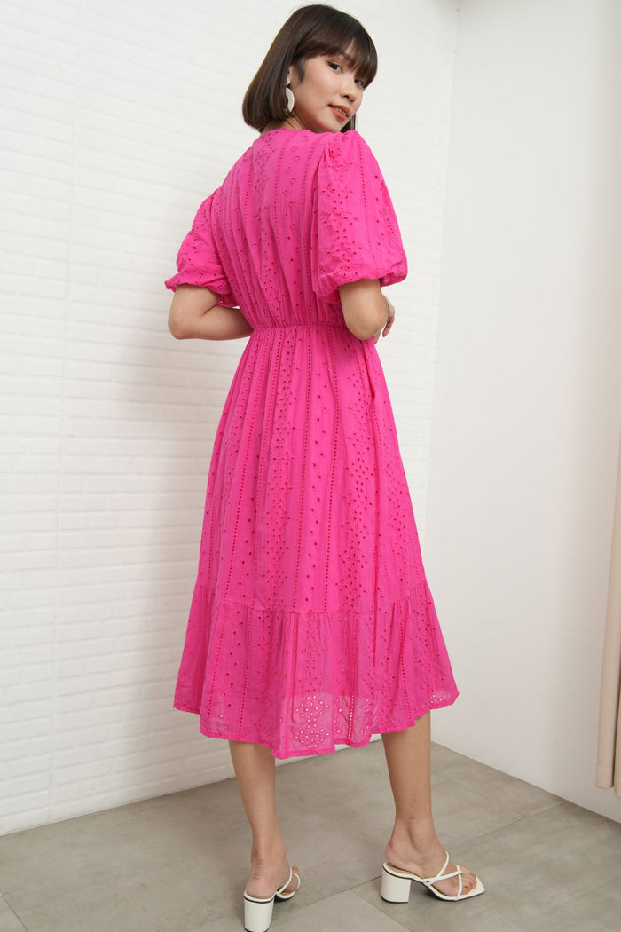 JURIA Puff-Sleeve Button-Down Broderie Dress (Magenta Pink)