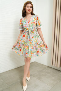 LENA Tie-Waist Tiered Broderie Floral Dress