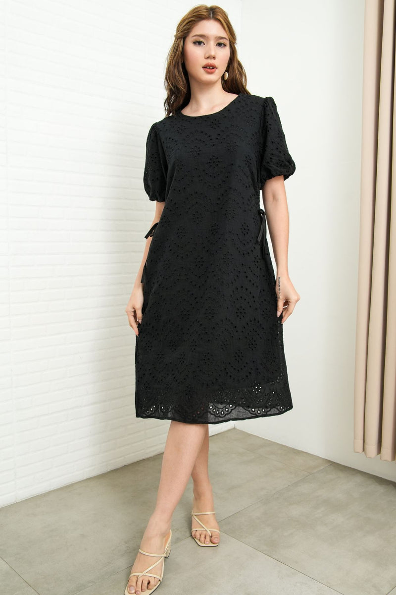 EMMELINE Puff-Sleeve Cut-out Broderie Midi Dress (Black)