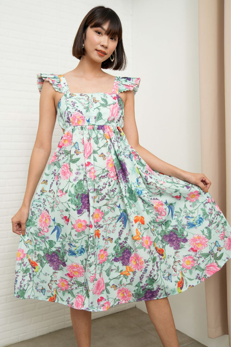 BEATRICE Flutter-Sleeve Midi Dress (Garden)