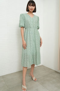 JURIA Puff-Sleeve Button-Down Broderie Dress (Sage Green)