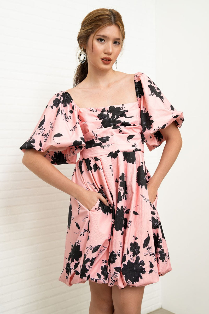 ANYA Pleated Puff-Sleeve Floral Dress (Pink)