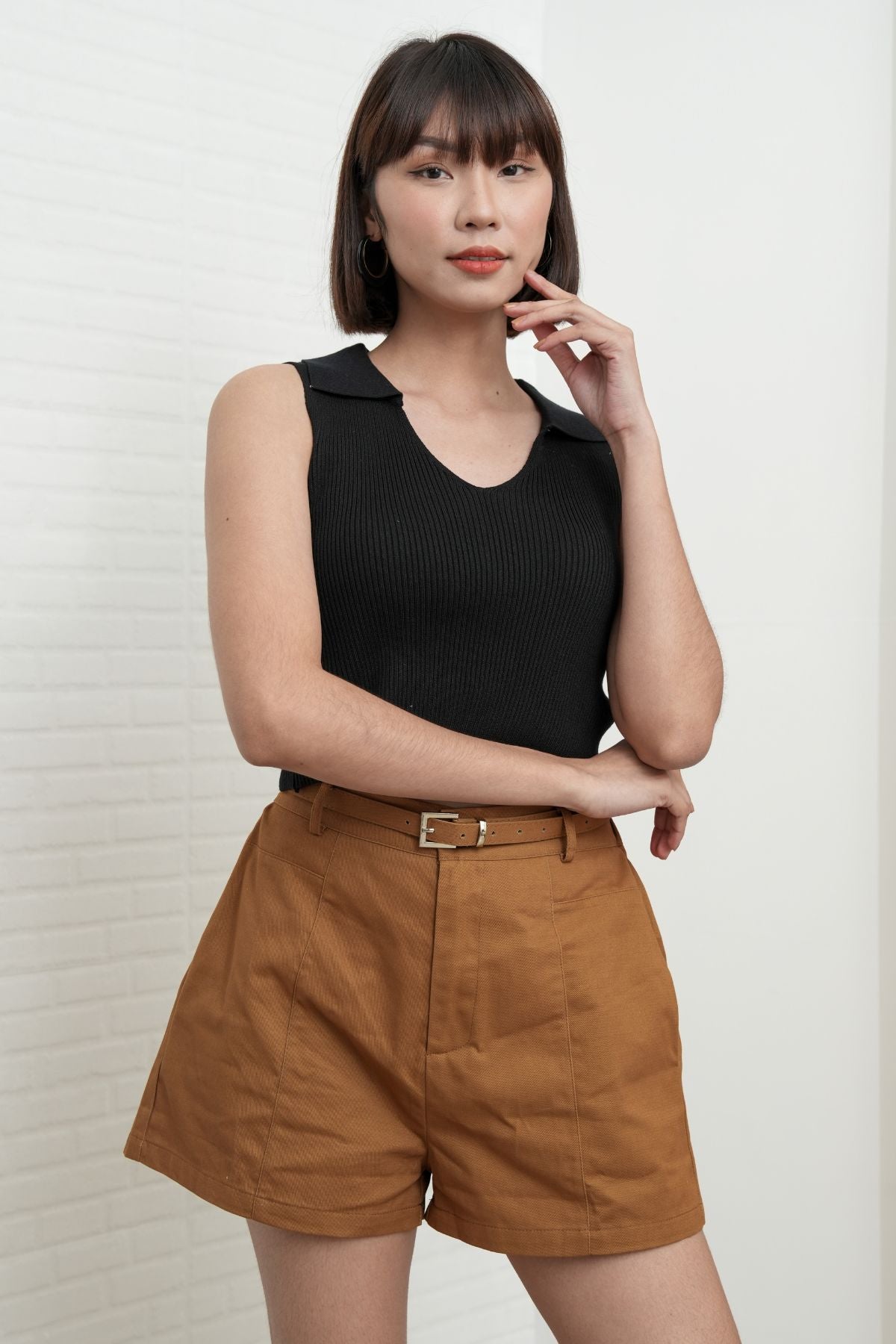 DARCY Tailored High Waist Belted Shorts (Tawny Brown)