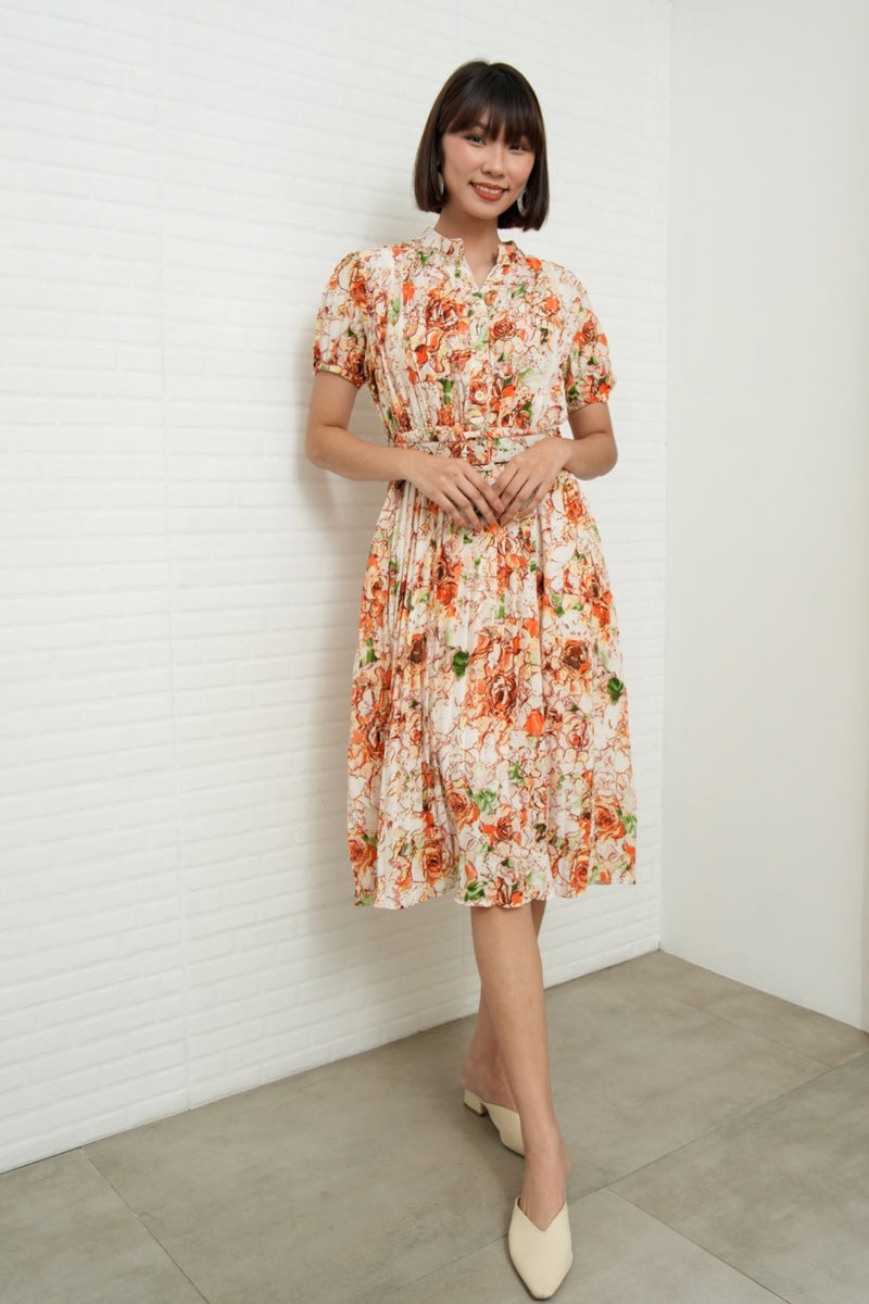 AGNES Belted Pleated Floral Dress