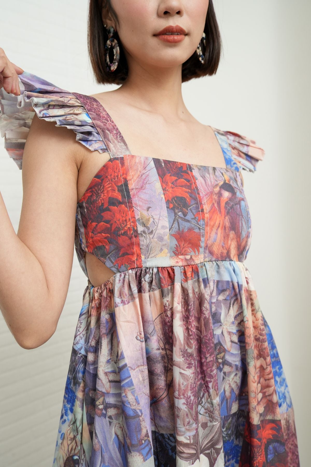 BEATRICE Flutter-Sleeve Midi Dress (Vintage Patchwork)
