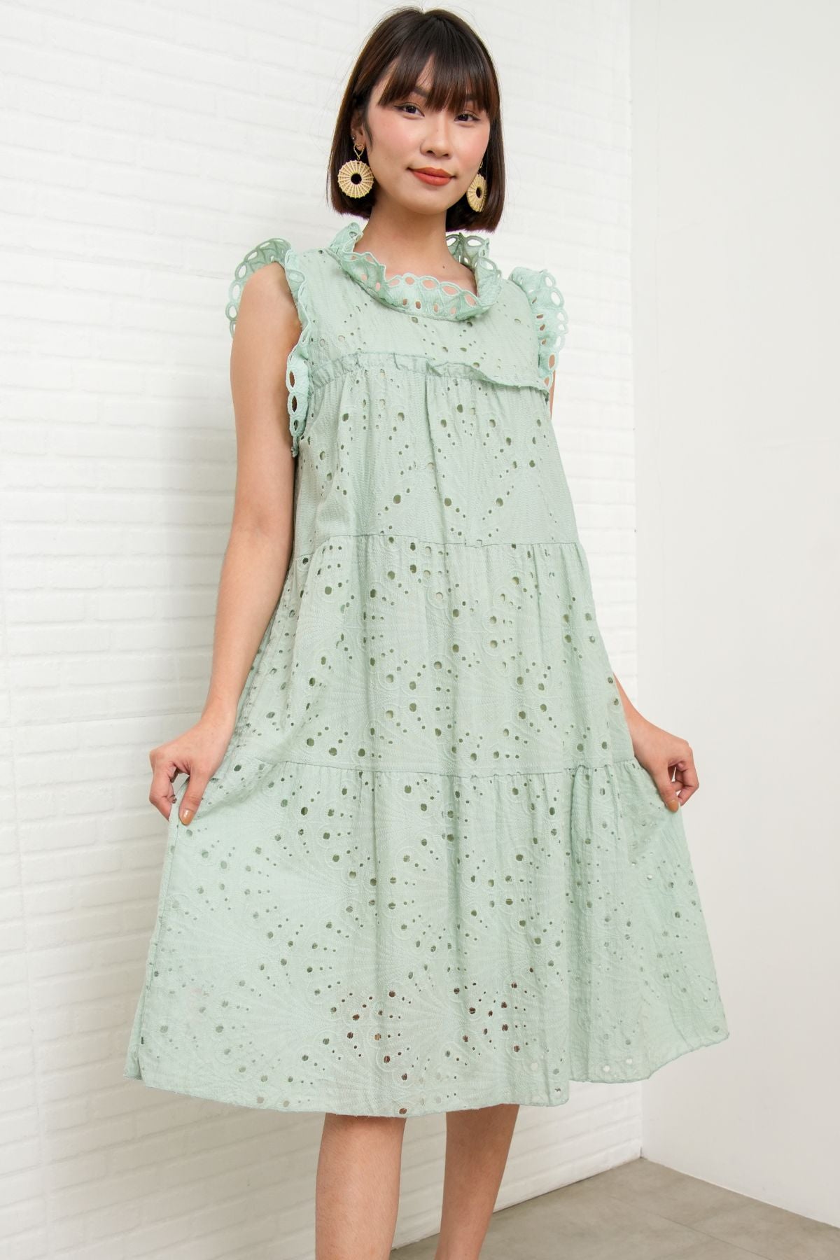 MAREN Tiered Broderie Midi Dress (Sage Green)